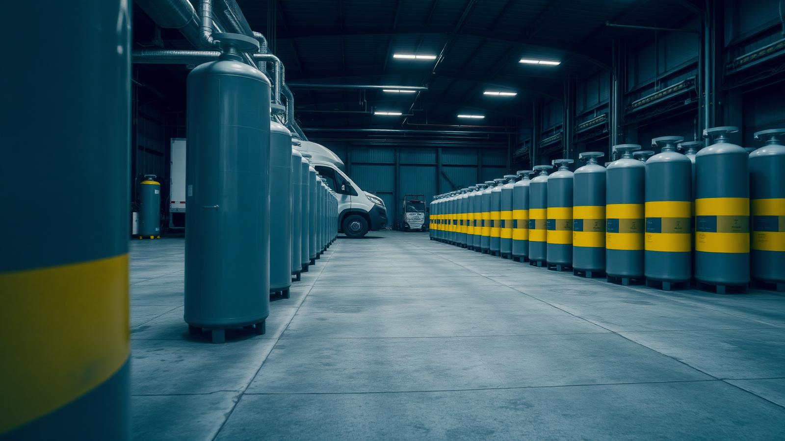 Refrigerant recovery tanks staged in a warehouse
